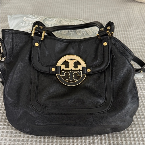 Tory Burch Handbags - Tory Burch Black Leather Shoulder Bag with Gold Logo Medallion